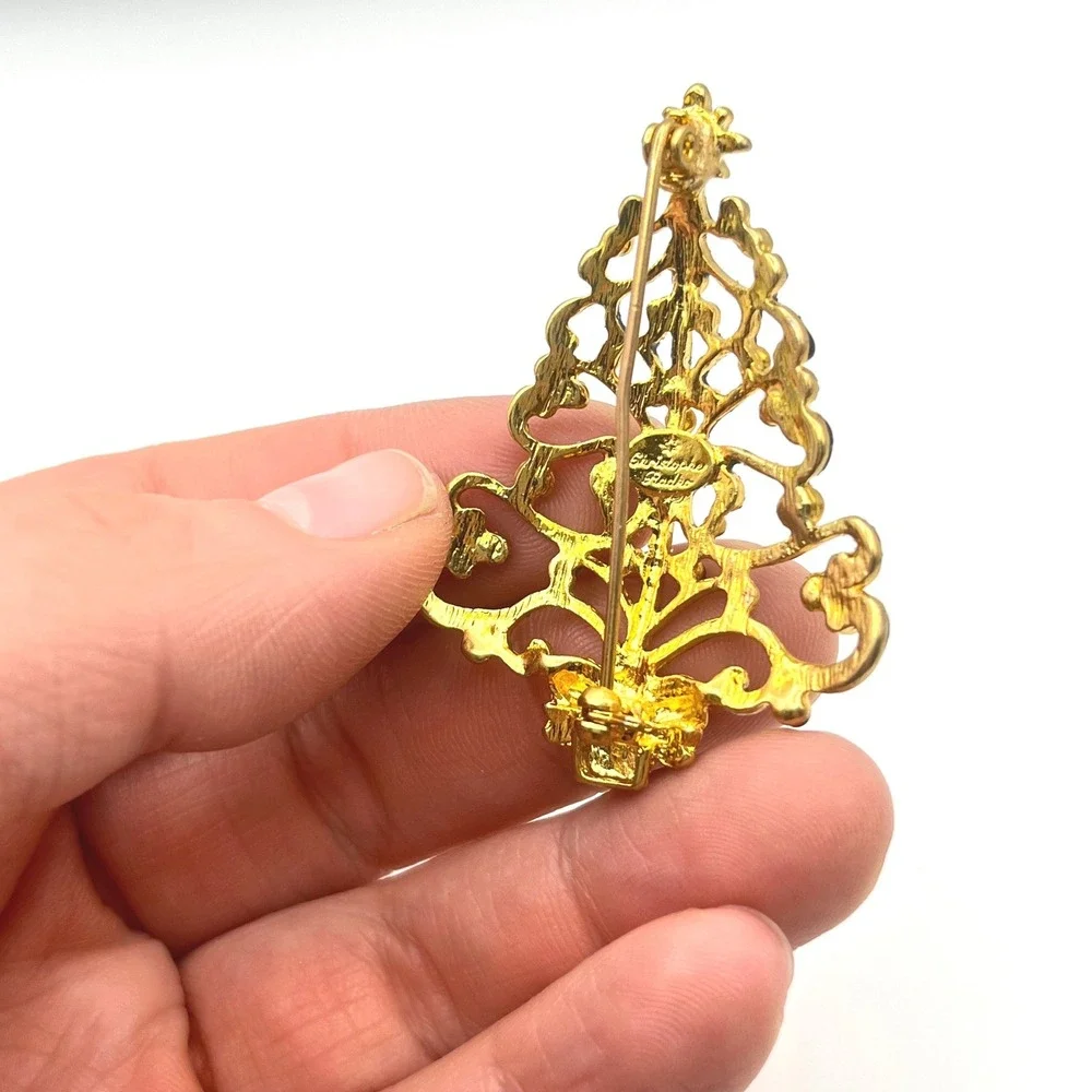 Christopher Radko Christmas Tree Brooch Gold Tone Green Glitter Rhinestone Pin - Picture 5 of 5